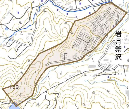 岩月箒沢とその周辺の地図。町の範囲を重ねている