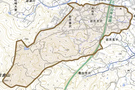 岩月長平とその周辺の地図。町の範囲を重ねている