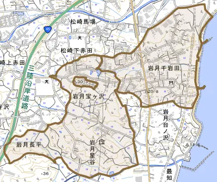 岩月宝ヶ沢とその周辺の地図。町の範囲を重ねている