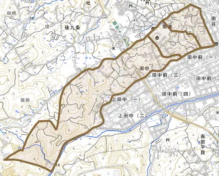 常楽とその周辺の地図。町の範囲を重ねている