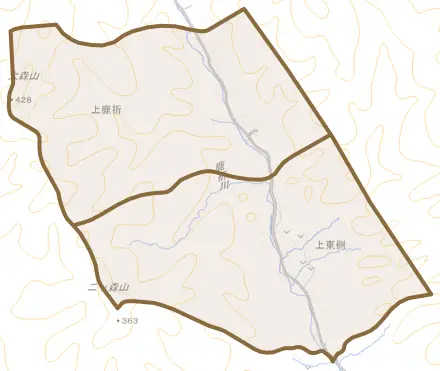 上東側とその周辺の地図。町の範囲を重ねている