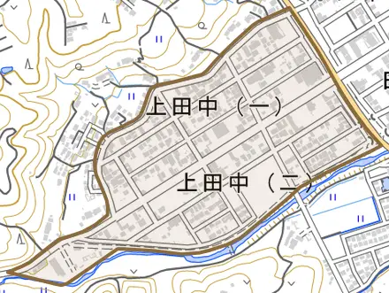 上田中とその周辺の地図。町の範囲を重ねている