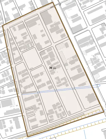 神山とその周辺の地図。町の範囲を重ねている