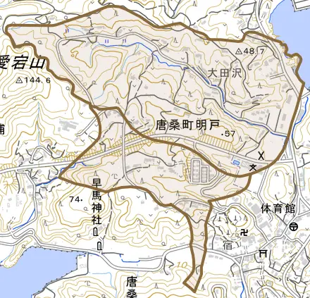 唐桑町明戸とその周辺の地図。町の範囲を重ねている