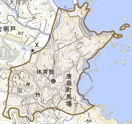 唐桑町馬場とその周辺の地図。町の範囲を重ねている