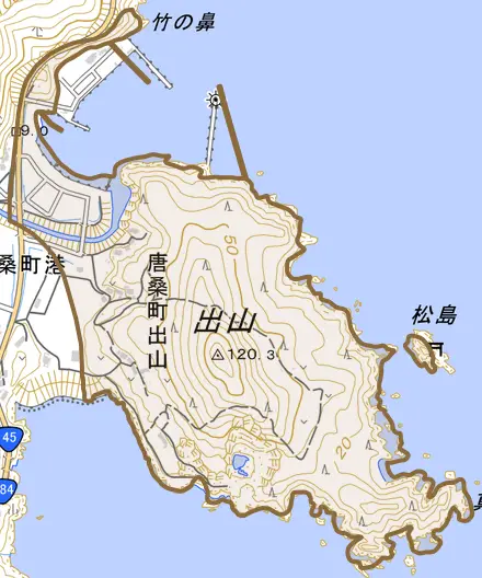 唐桑町出山とその周辺の地図。町の範囲を重ねている