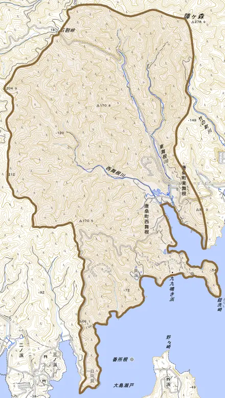 唐桑町東舞根とその周辺の地図。町の範囲を重ねている
