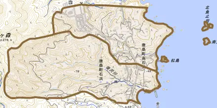 唐桑町石浜とその周辺の地図。町の範囲を重ねている