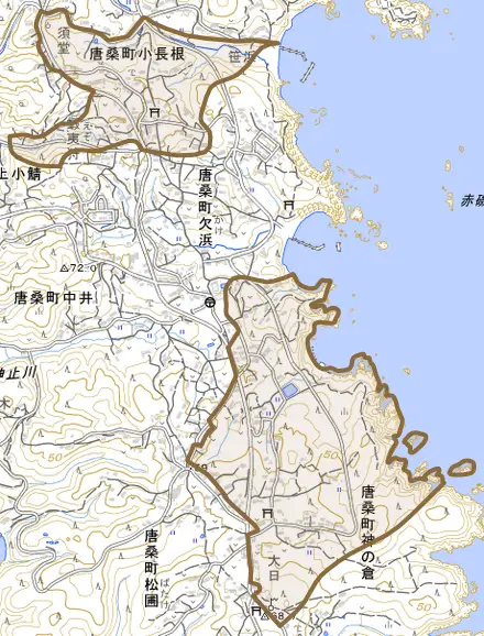 唐桑町欠浜とその周辺の地図。町の範囲を重ねている