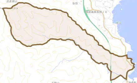 唐桑町釜石下とその周辺の地図。町の範囲を重ねている