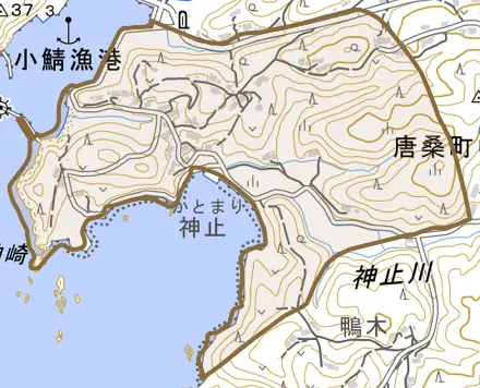 唐桑町上小鯖とその周辺の地図。町の範囲を重ねている