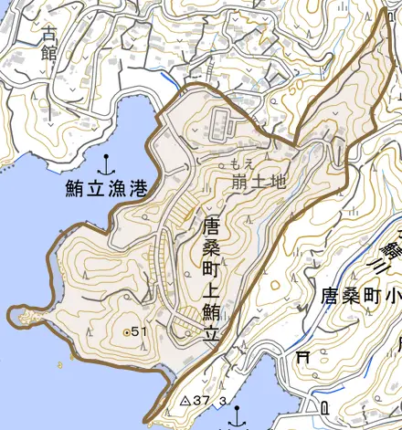 唐桑町上鮪立とその周辺の地図。町の範囲を重ねている