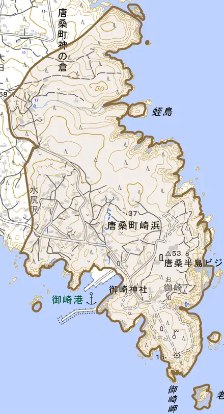 唐桑町神の倉とその周辺の地図。町の範囲を重ねている
