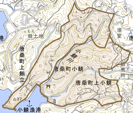 唐桑町小鯖とその周辺の地図。町の範囲を重ねている