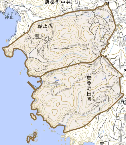 唐桑町松圃とその周辺の地図。町の範囲を重ねている