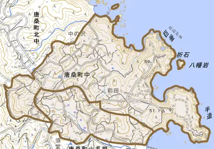 唐桑町中とその周辺の地図。町の範囲を重ねている
