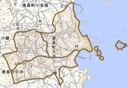 唐桑町中井とその周辺の地図。町の範囲を重ねている