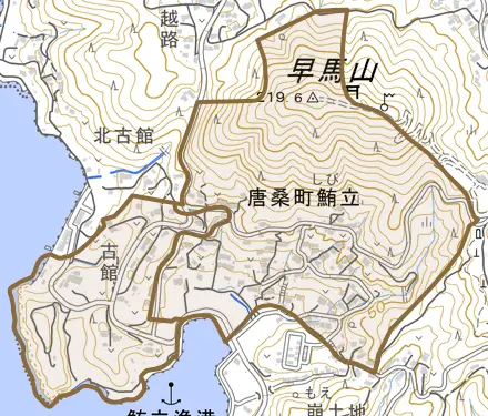唐桑町鮪立とその周辺の地図。町の範囲を重ねている