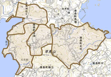 唐桑町宿浦とその周辺の地図。町の範囲を重ねている