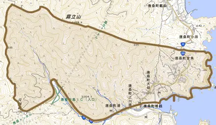 唐桑町唯越とその周辺の地図。町の範囲を重ねている