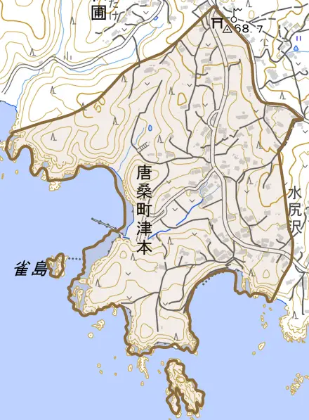 唐桑町津本とその周辺の地図。町の範囲を重ねている