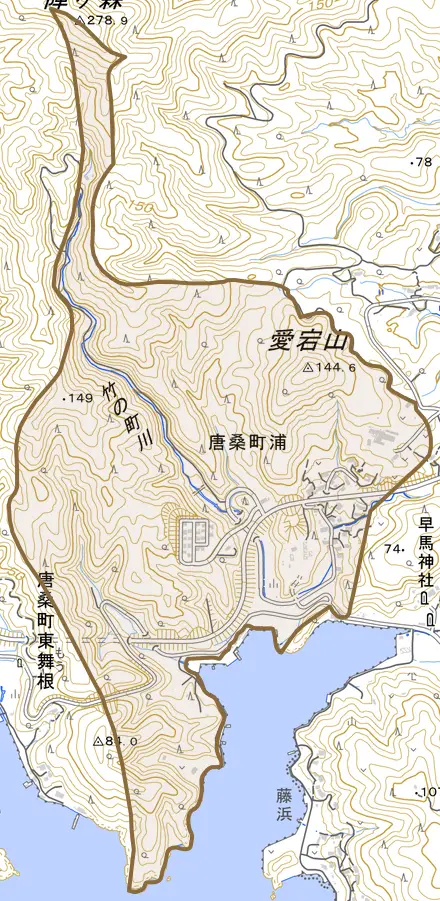 唐桑町浦とその周辺の地図。町の範囲を重ねている