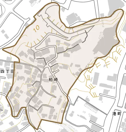 柏崎とその周辺の地図。町の範囲を重ねている