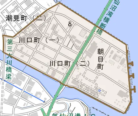 川口町とその周辺の地図。町の範囲を重ねている
