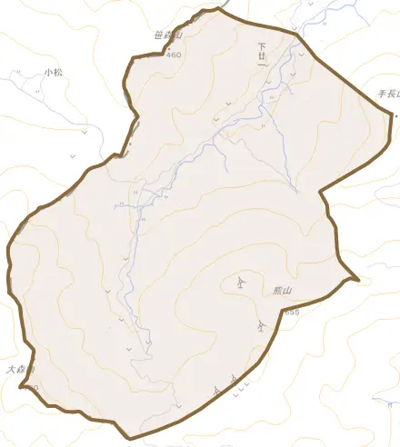 川上とその周辺の地図。町の範囲を重ねている