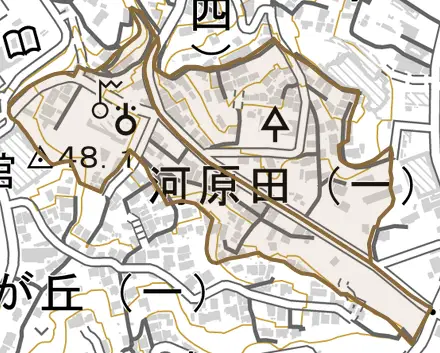河原田とその周辺の地図。町の範囲を重ねている