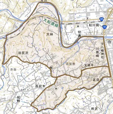 川原崎とその周辺の地図。町の範囲を重ねている