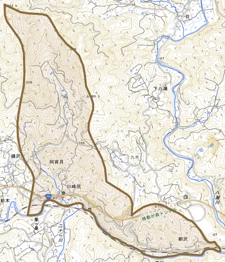 川崎尻とその周辺の地図。町の範囲を重ねている