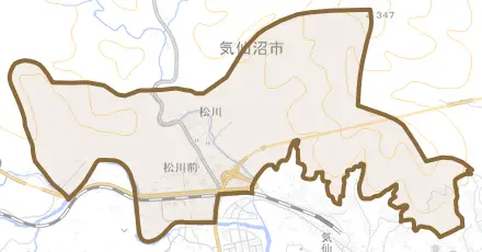切通とその周辺の地図。町の範囲を重ねている