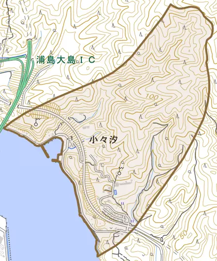 小々汐とその周辺の地図。町の範囲を重ねている