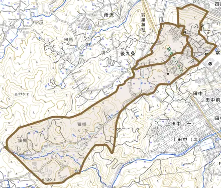 九条とその周辺の地図。町の範囲を重ねている