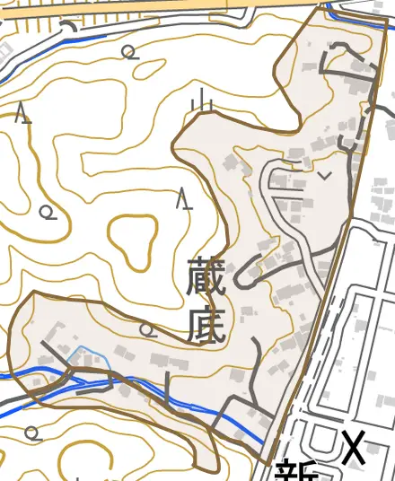 蔵底とその周辺の地図。町の範囲を重ねている