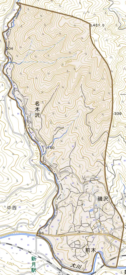 前木とその周辺の地図。町の範囲を重ねている