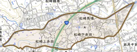 松崎上赤田とその周辺の地図。町の範囲を重ねている