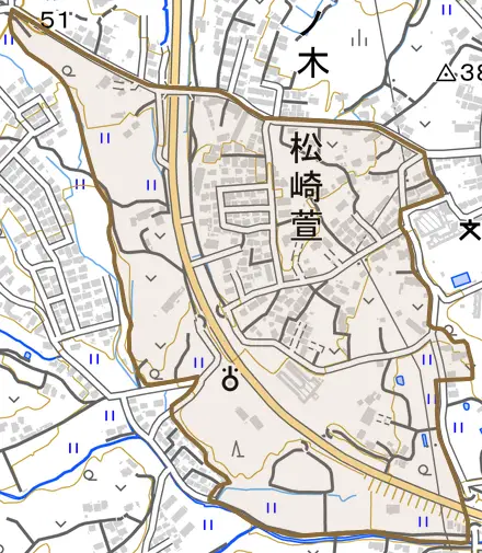 松崎萱とその周辺の地図。町の範囲を重ねている