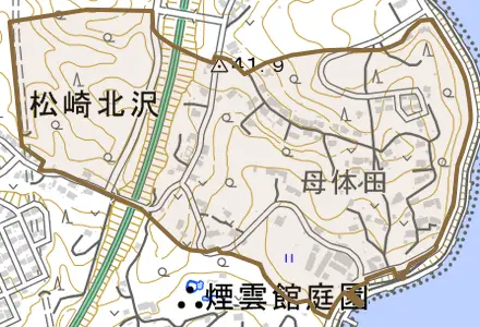 松崎北沢とその周辺の地図。町の範囲を重ねている