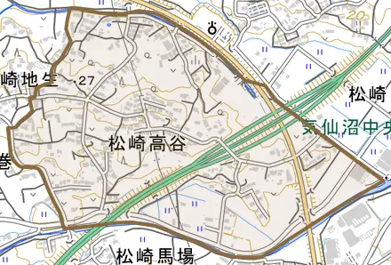 松崎高谷とその周辺の地図。町の範囲を重ねている