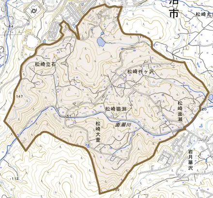 松崎立石とその周辺の地図。町の範囲を重ねている