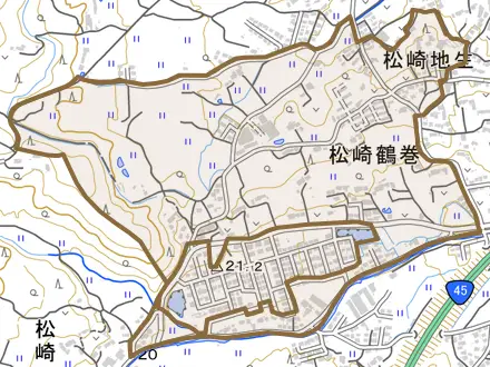 松崎鶴巻とその周辺の地図。町の範囲を重ねている