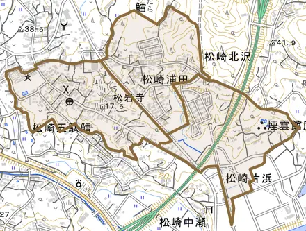松崎浦田とその周辺の地図。町の範囲を重ねている