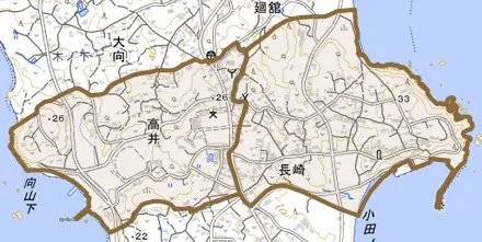 廻舘とその周辺の地図。町の範囲を重ねている