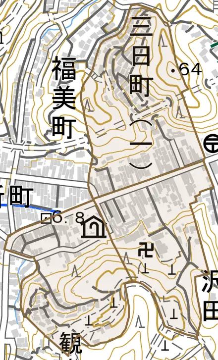 三日町とその周辺の地図。町の範囲を重ねている