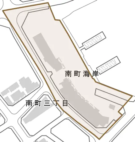 南町海岸とその周辺の地図。町の範囲を重ねている