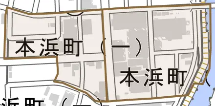 本浜町とその周辺の地図。町の範囲を重ねている