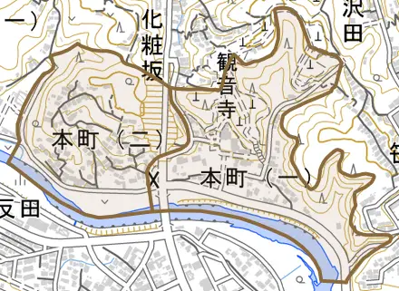本町とその周辺の地図。町の範囲を重ねている