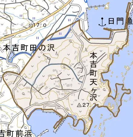 本吉町天ヶ沢とその周辺の地図。町の範囲を重ねている